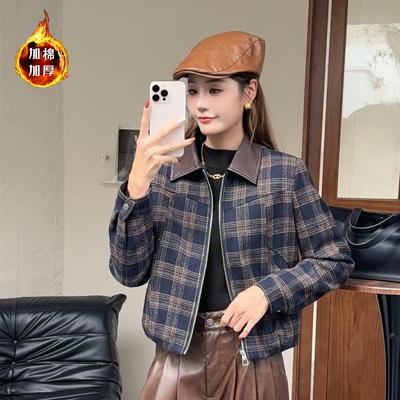 2025秋冬新款夹棉加厚格子毛呢女