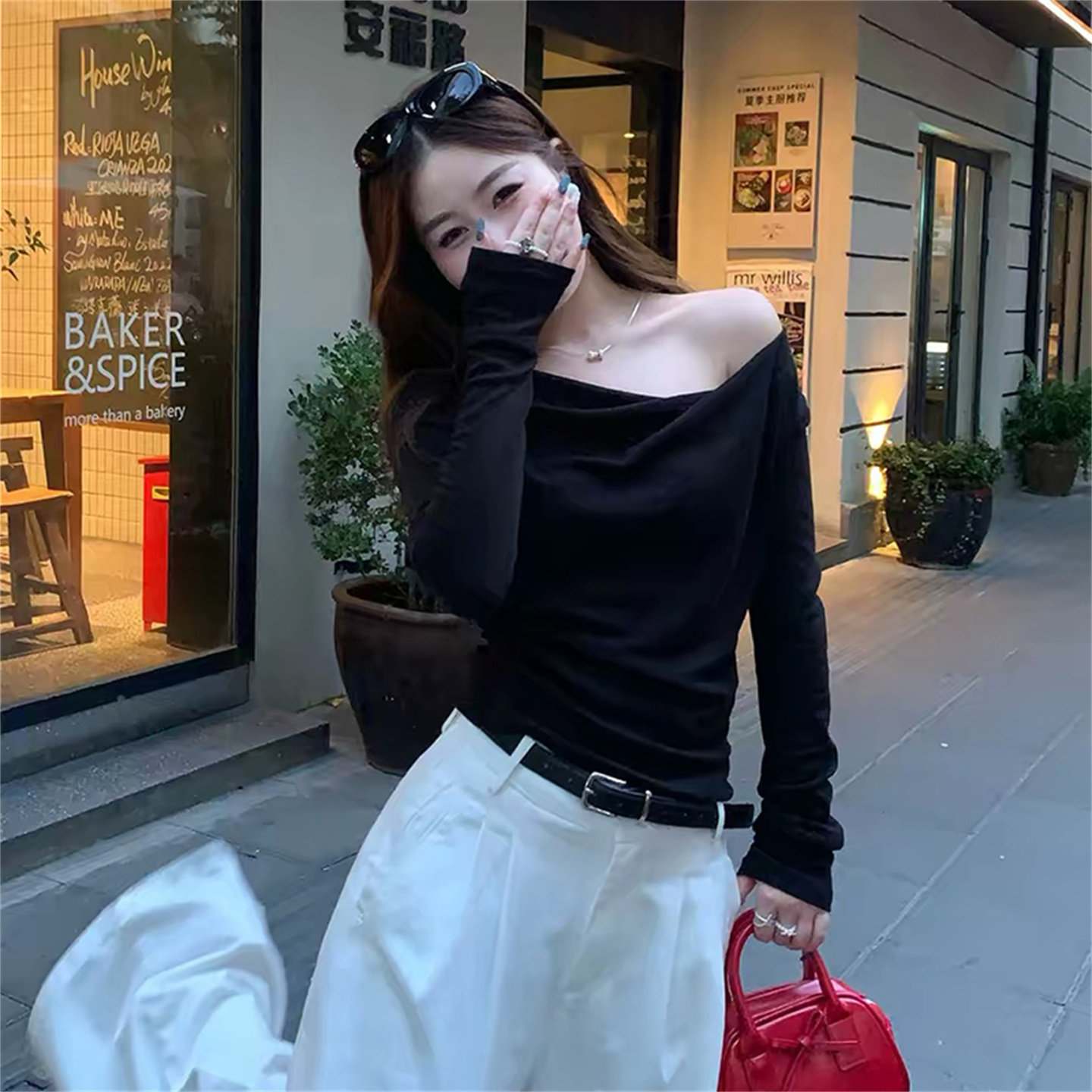 黑色斜肩褶皱长袖修身T恤女上衣t
