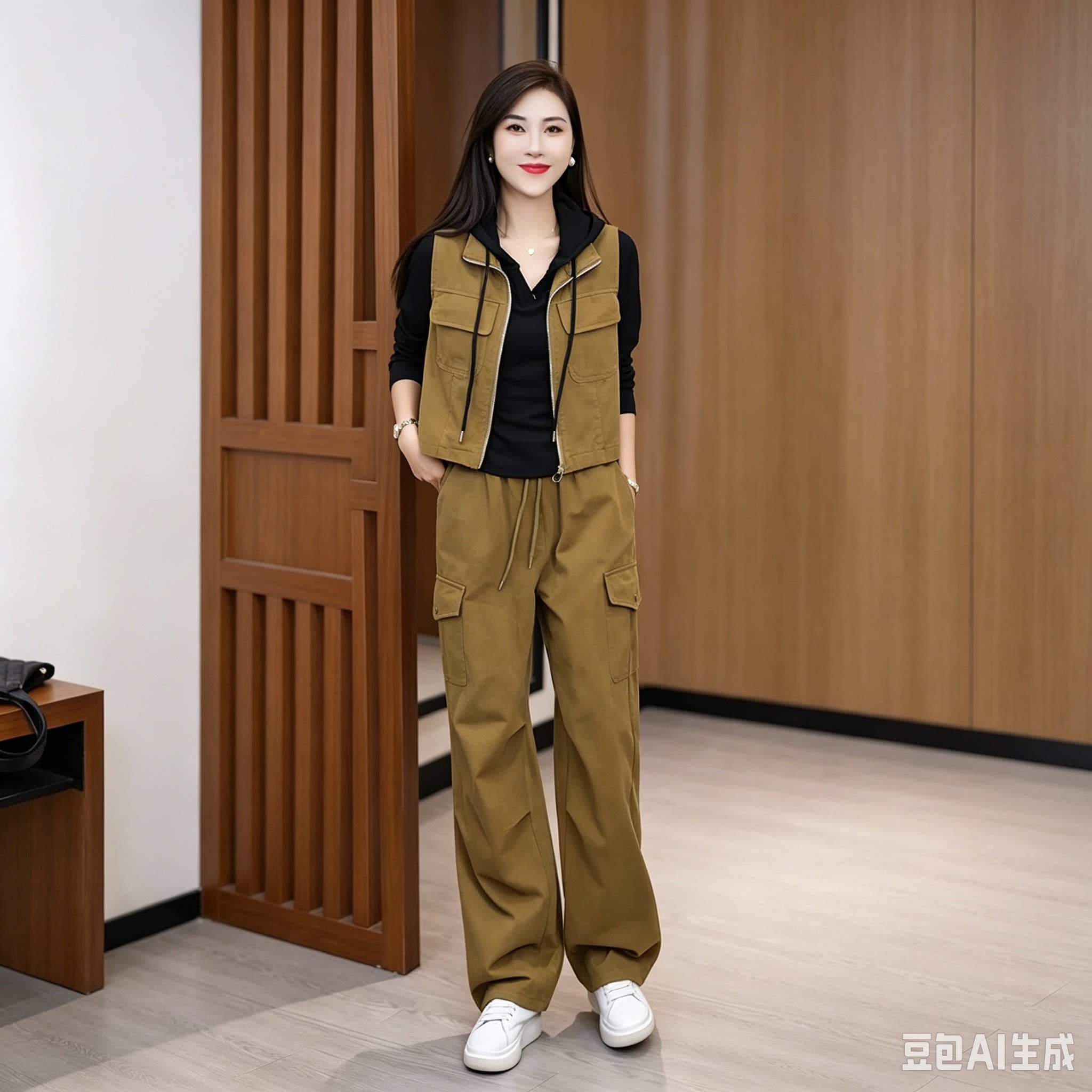 工装风连帽阔腿裤三件套女春秋季