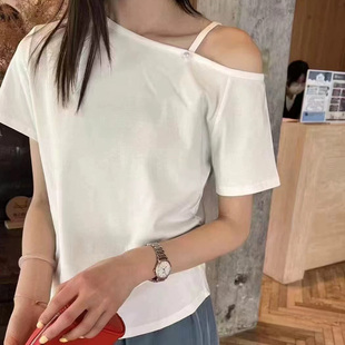 夏天短袖T恤女装时尚斜肩领露肩体恤韩版设计感百搭洋气上衣潮t恤