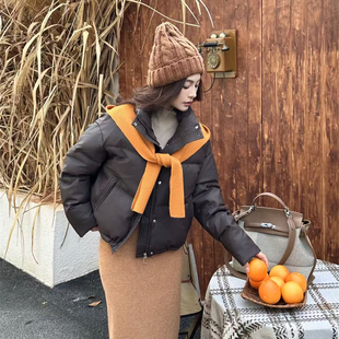 韩版立领面包棉服女冬季短款宽松可拆卸帽子围巾皮面羽绒棉衣外套