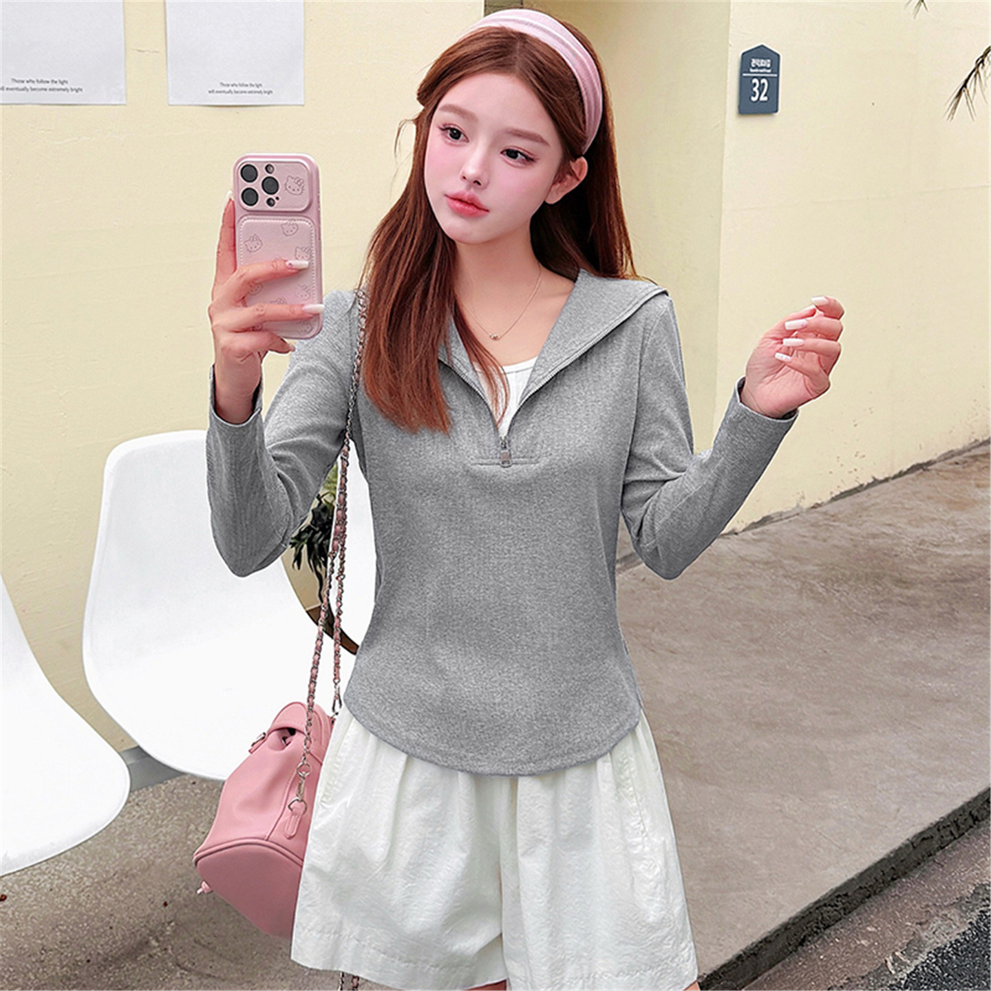 休闲风海军领假两件长袖T恤女款2026年修身显瘦春季新款卫衣上衣t