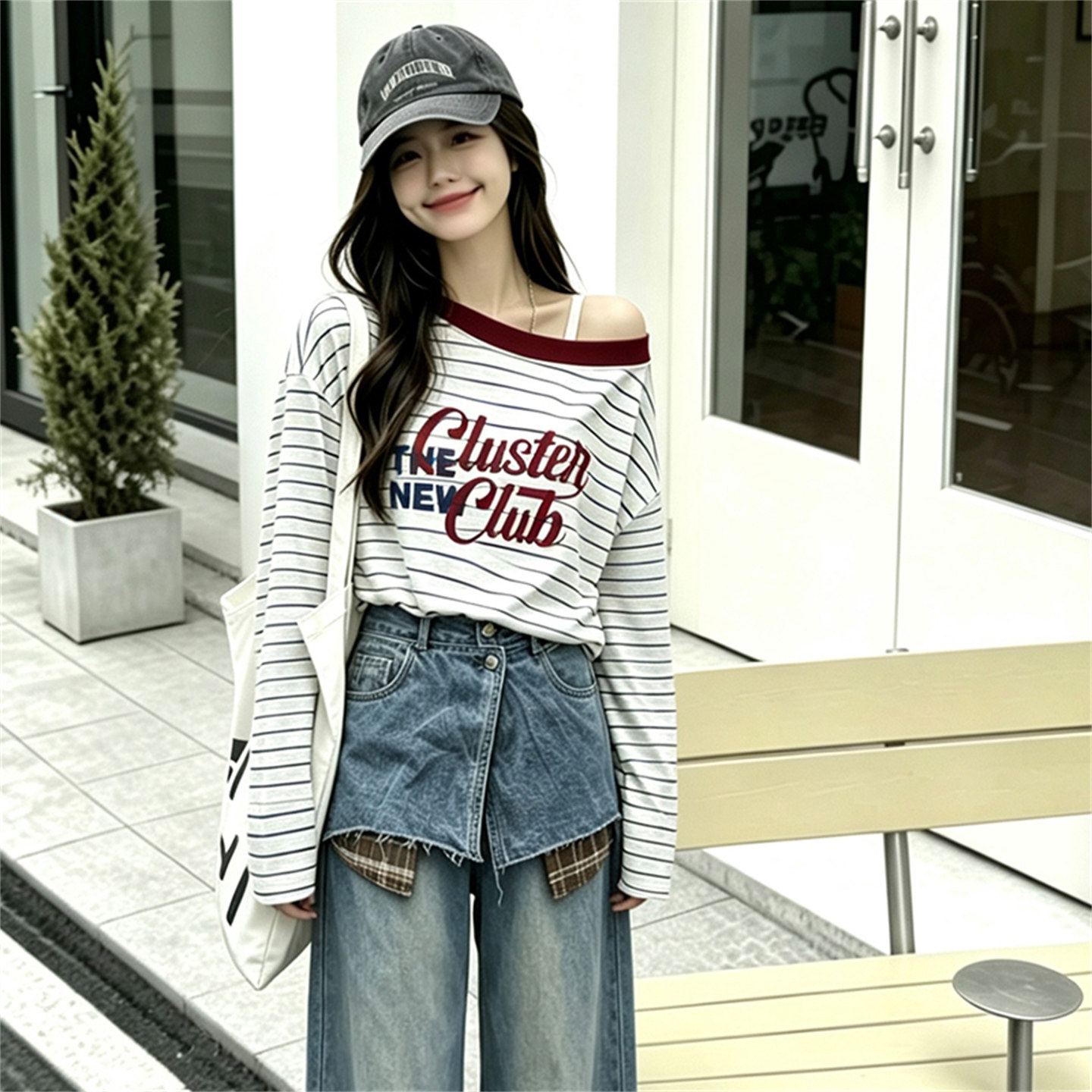 夏季斜肩撞色条纹防晒长袖T恤女