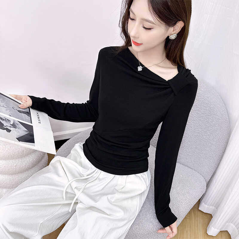T恤女秋季长袖上衣春秋内搭外穿通勤亲肤打底衫黑色洋气斜肩小衫t