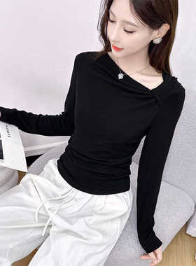 T恤女秋季长袖上衣春秋内搭外穿通勤亲肤打底衫黑色洋气斜肩小衫t