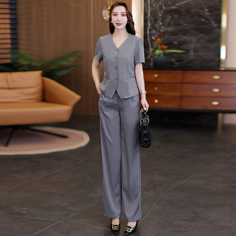 高级感OL西装套装女夏季韩版洋气质显瘦通勤v领上衣阔腿裤两件套