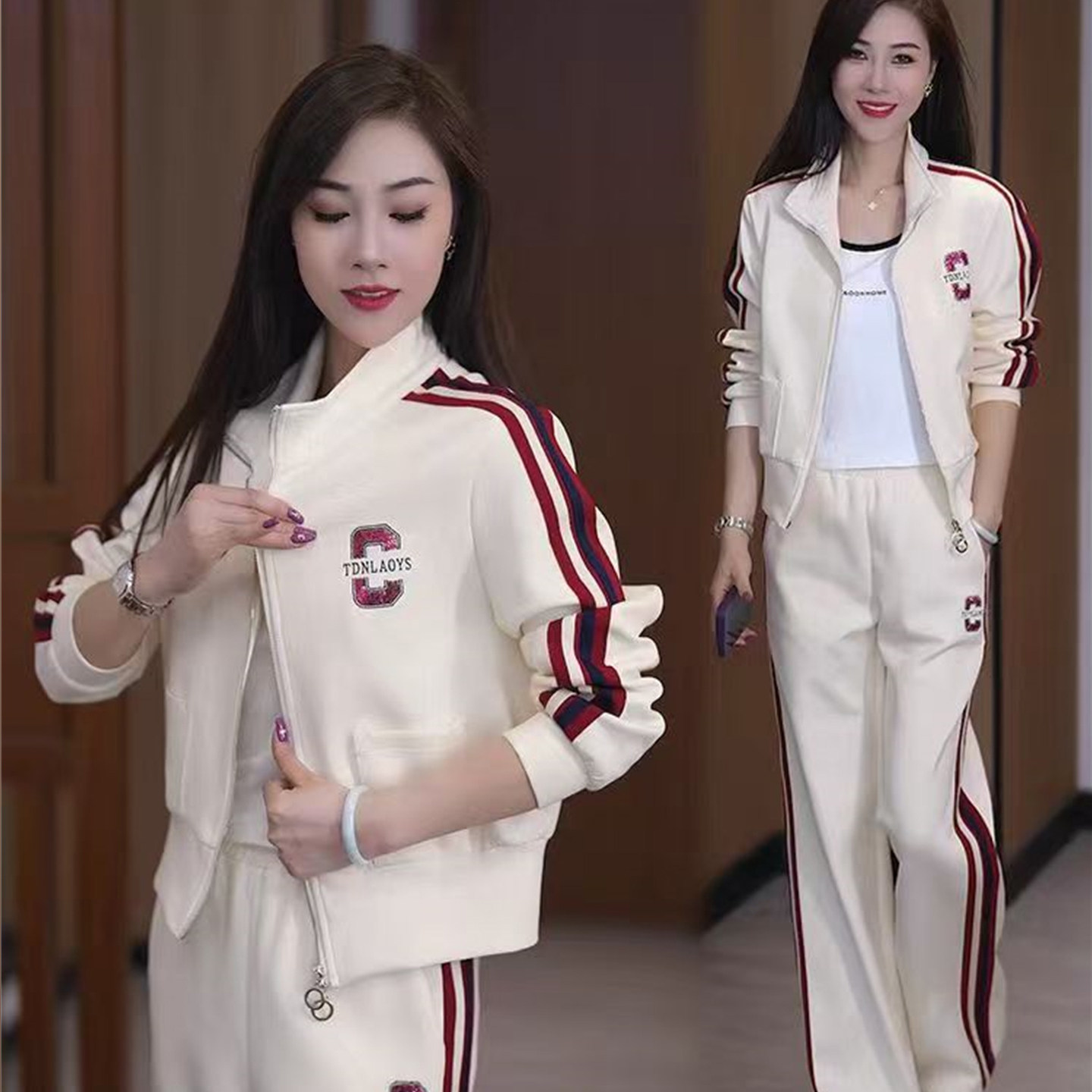 春秋女撞色条纹显瘦休闲运动套装