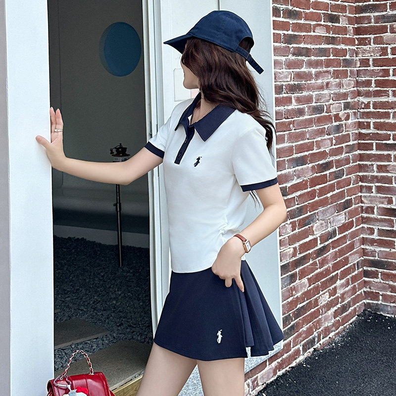 休闲学院风时尚套装裙女夏薄款时尚POLO领短袖t恤半身短裙两件套