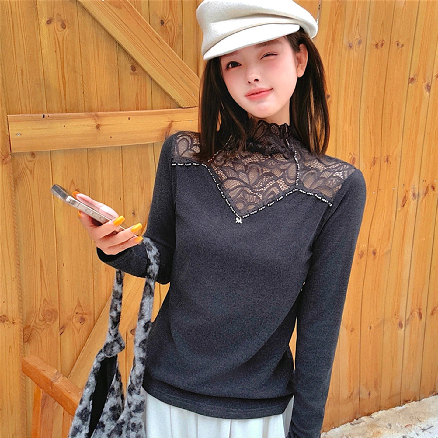法式高级感蕾丝拼接长袖打底衫女士秋冬内搭T恤修身显瘦百搭上衣