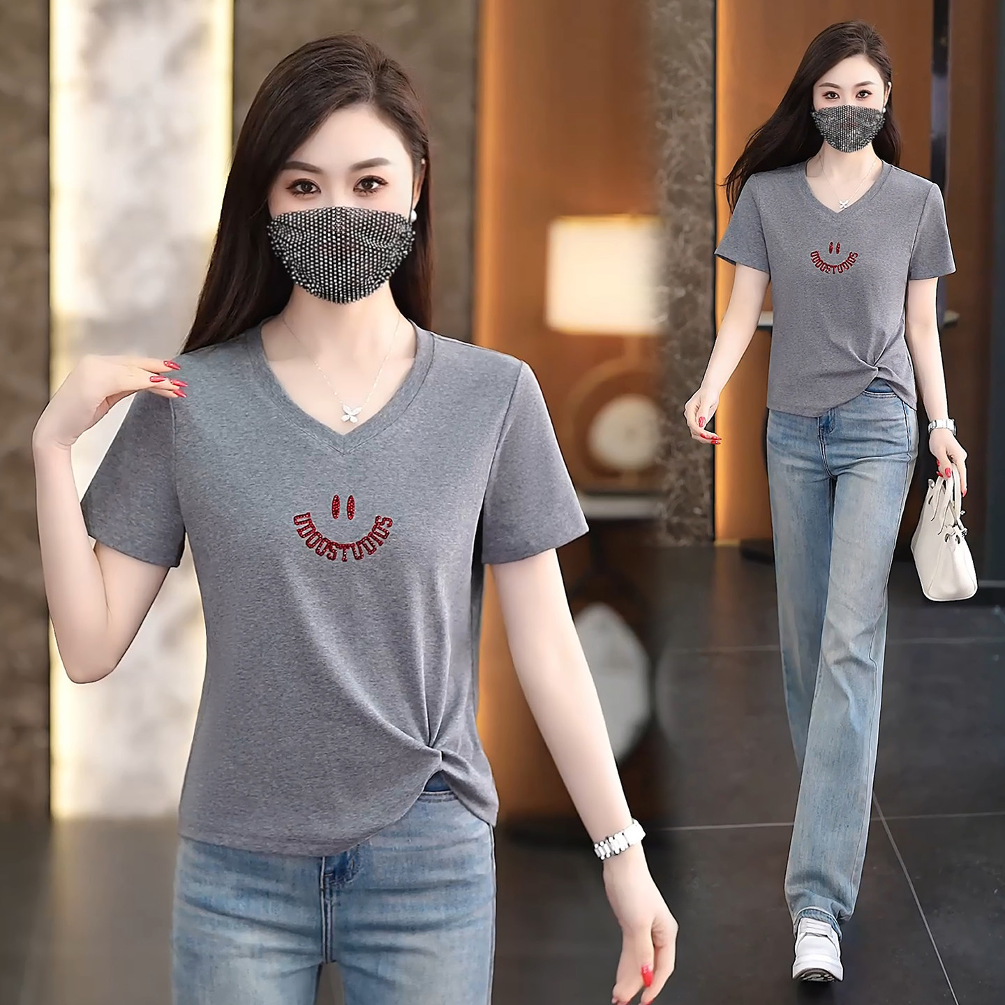 夏季休闲V领笑脸显瘦短袖T恤女装