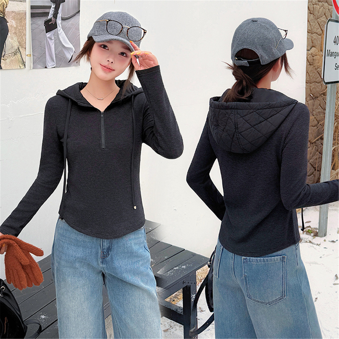 2025新款加厚保暖连帽卫衣女士秋冬时尚半拉链修身显瘦休闲上衣服