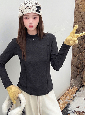加厚保暖立领德绒长袖T恤女秋冬修身显瘦打底衫内搭黑色上衣小衫t