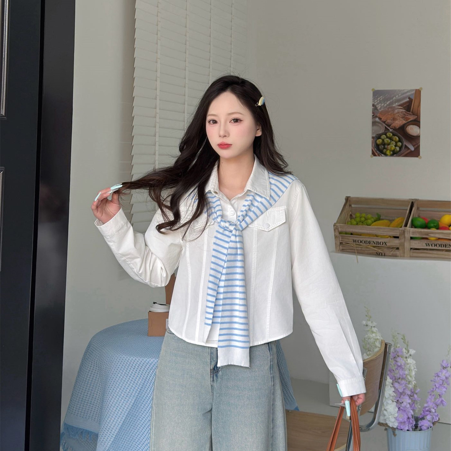 韩系条纹披肩衬衫女春秋宽松显瘦