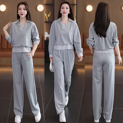 欧洲站早秋休闲运动套装女韩版宽松显瘦条纹背心卫衣阔腿裤三件套