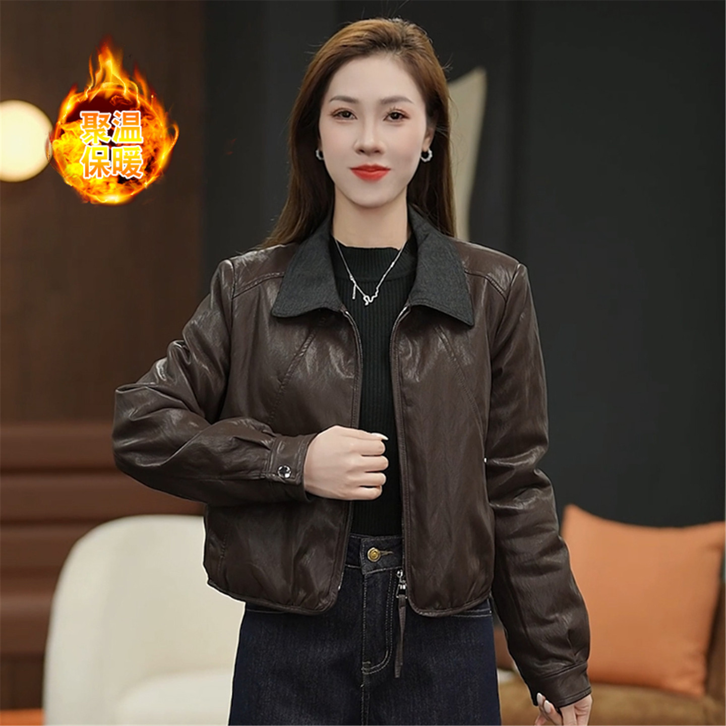 2025秋冬季时尚翻领短款皮衣女夹棉保暖显瘦小个子机车皮夹克外套,女装/女士精品,皮衣,淘宝优惠券,粉丝福利购,淘宝优惠卷