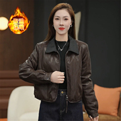 翻领短款 2025秋冬季 时尚 皮衣女夹棉保暖显瘦小个子机车皮夹克外套