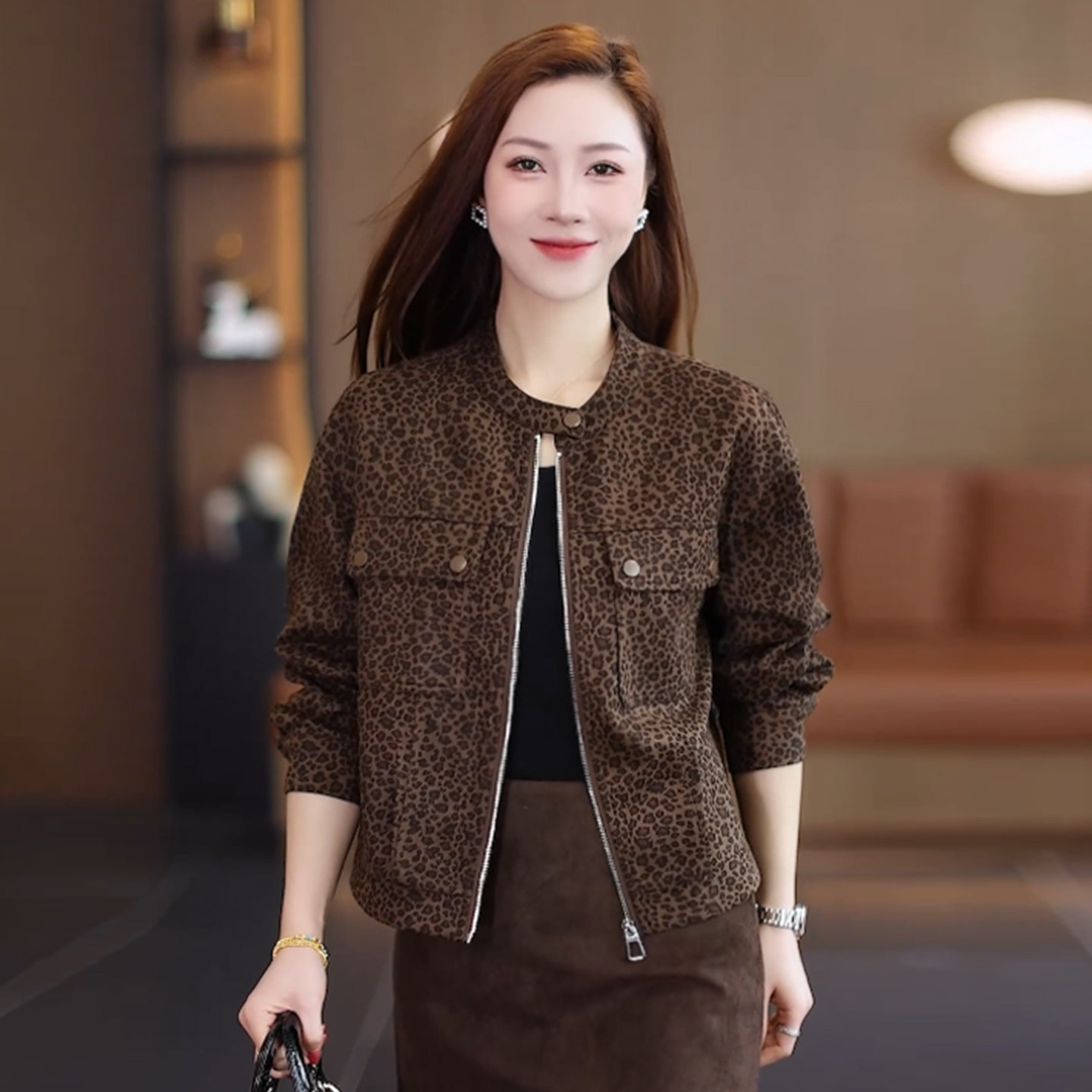 豹纹麂皮绒立领显瘦短外套女春秋