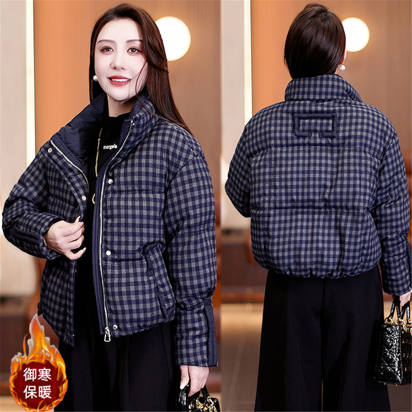 格纹立领短款加厚显瘦女棉服外套