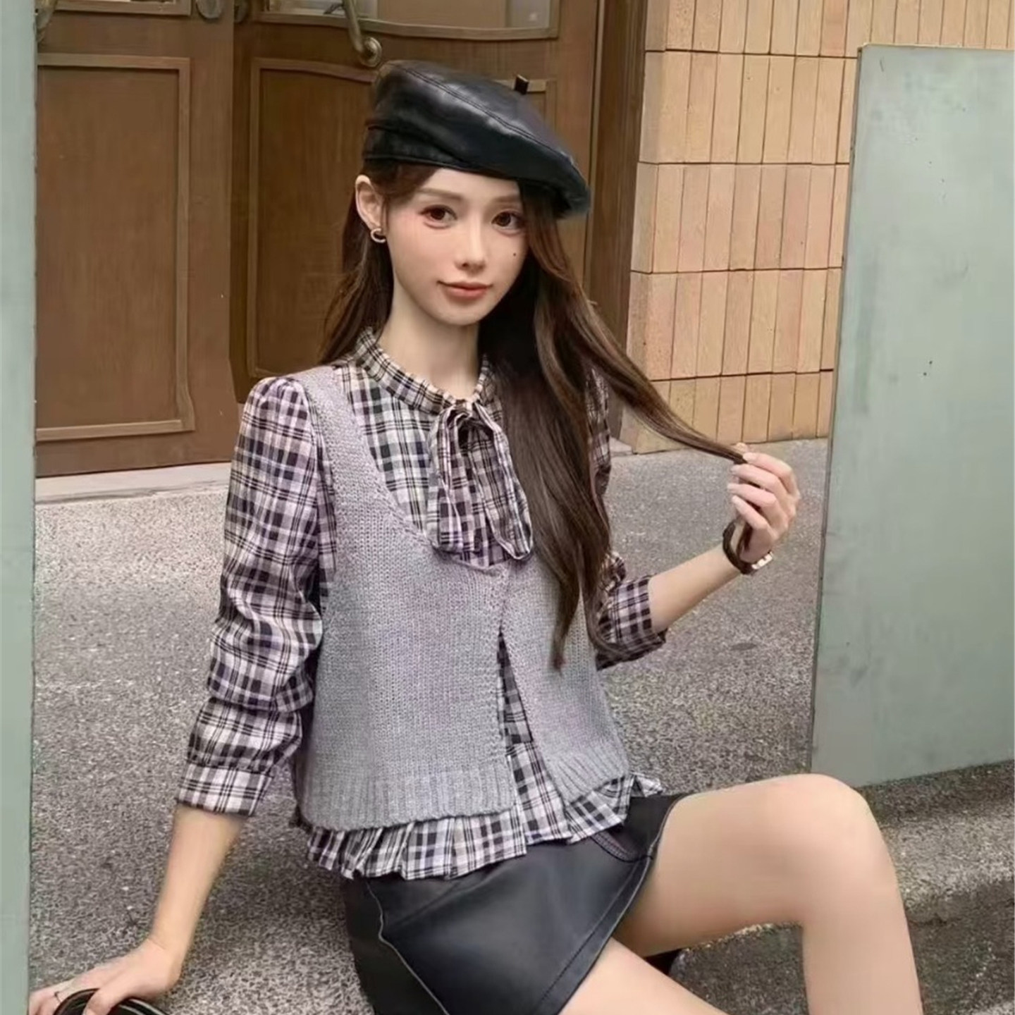韩系学院格子泡泡袖开衫两件套女