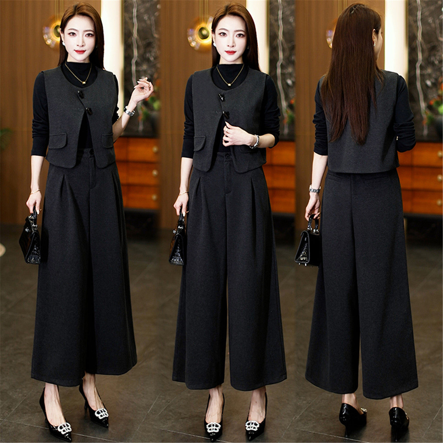 轻奢风马甲套装女2026春季新款洋气显瘦打底衫九分阔腿裤三件套装