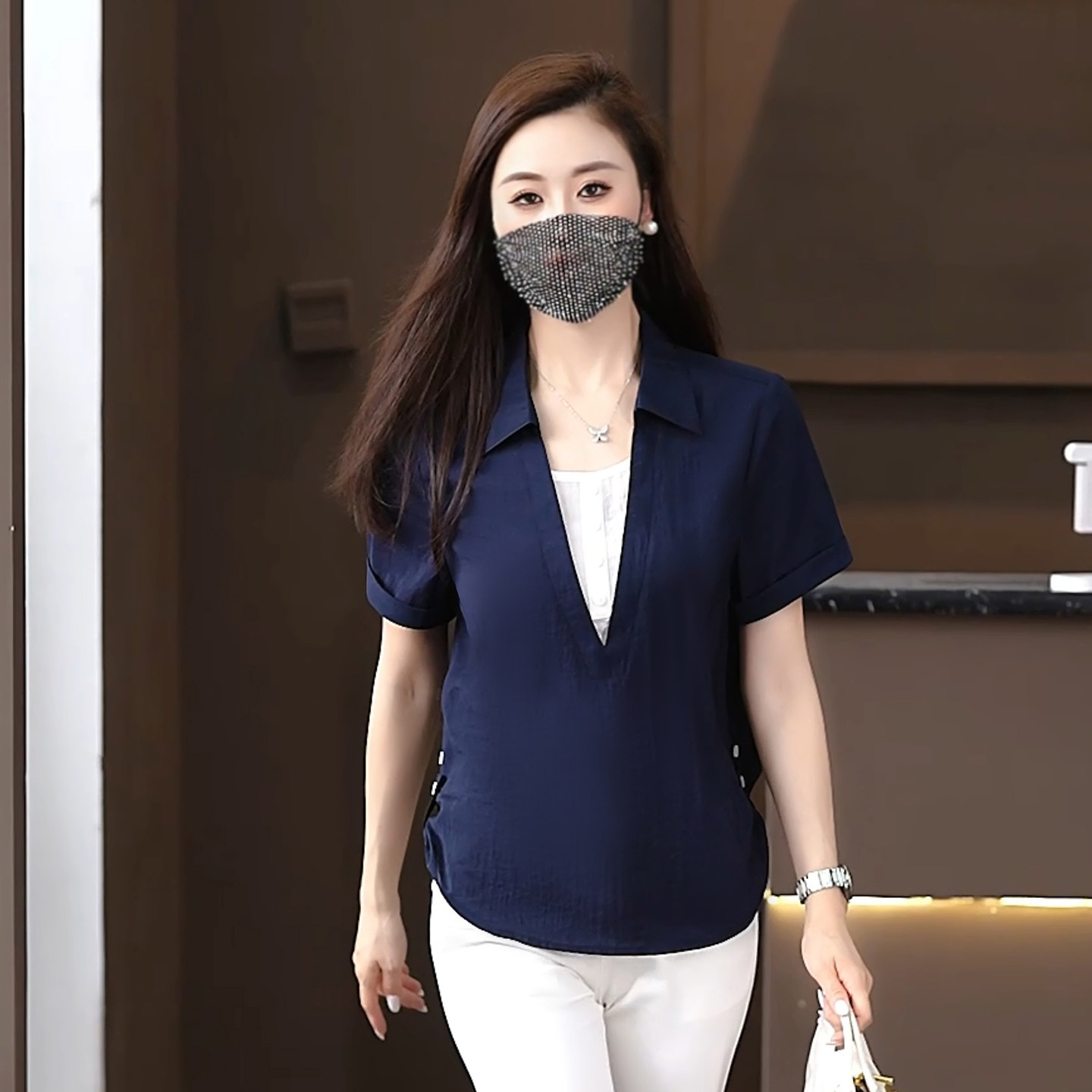 通勤风假两件V领显瘦衬衫女夏季