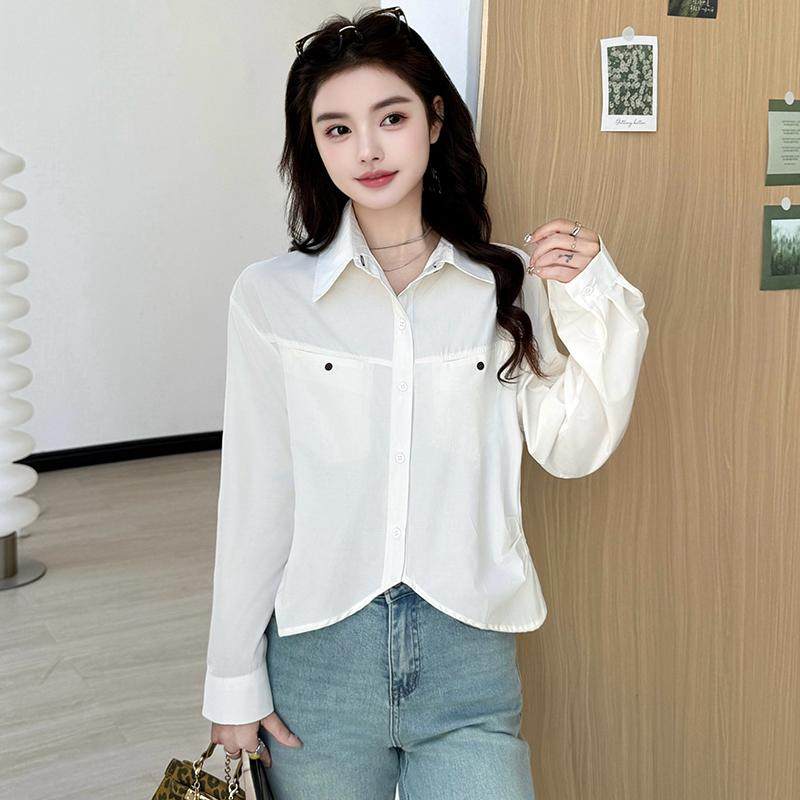 白色长袖衬衫女春季2025新款宽松大码设计感小个子百搭短款衬衣潮