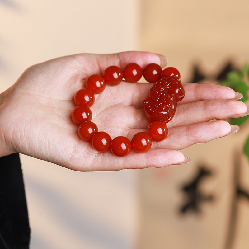 天然真品红玛瑙貔貅手链男士女士佛珠手串玉髓佛珠手链玉器带证书