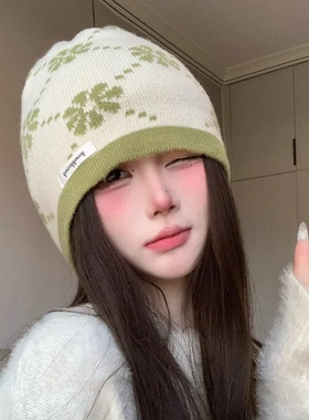 新款费尔岛风提花针织帽秋冬季保暖护耳毛线冷帽大头围百搭堆堆帽