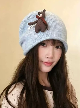 韩系可爱立体小熊针织帽女秋冬款保暖毛线帽时尚百搭大头围冷帽