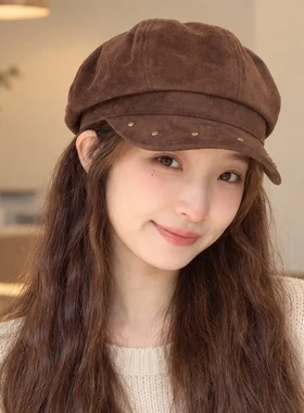 秋冬麂皮绒铆钉八角帽时尚大头围鸭舌贝雷帽气质女款复古报童帽子