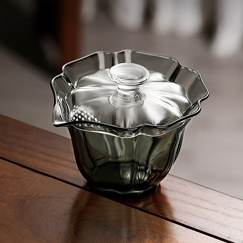 玻璃盖碗泡茶杯莲花公道杯单壶花瓣烟灰色手抓壶功夫茶具茶碗过滤