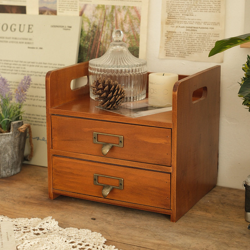 zakka木质复古收纳盒桌面梳妆台化妆品置物架办公桌书桌抽屉式柜