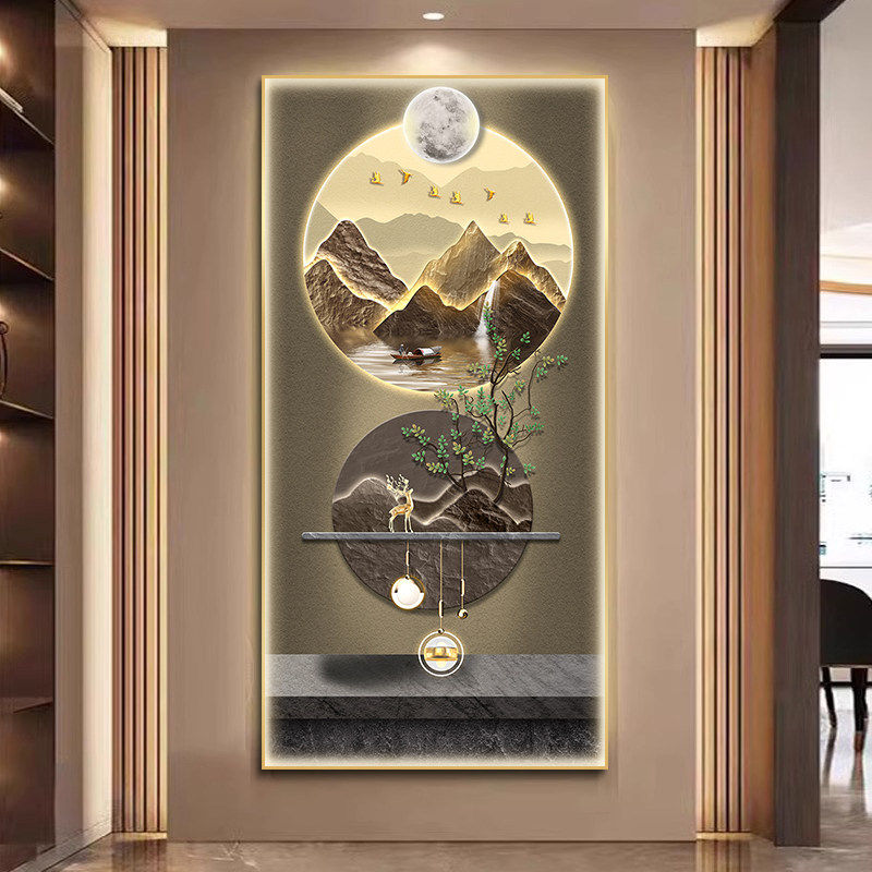 包安装壁灯玄关装饰画LED发光迎客松灯画高端客厅挂画新款过道画