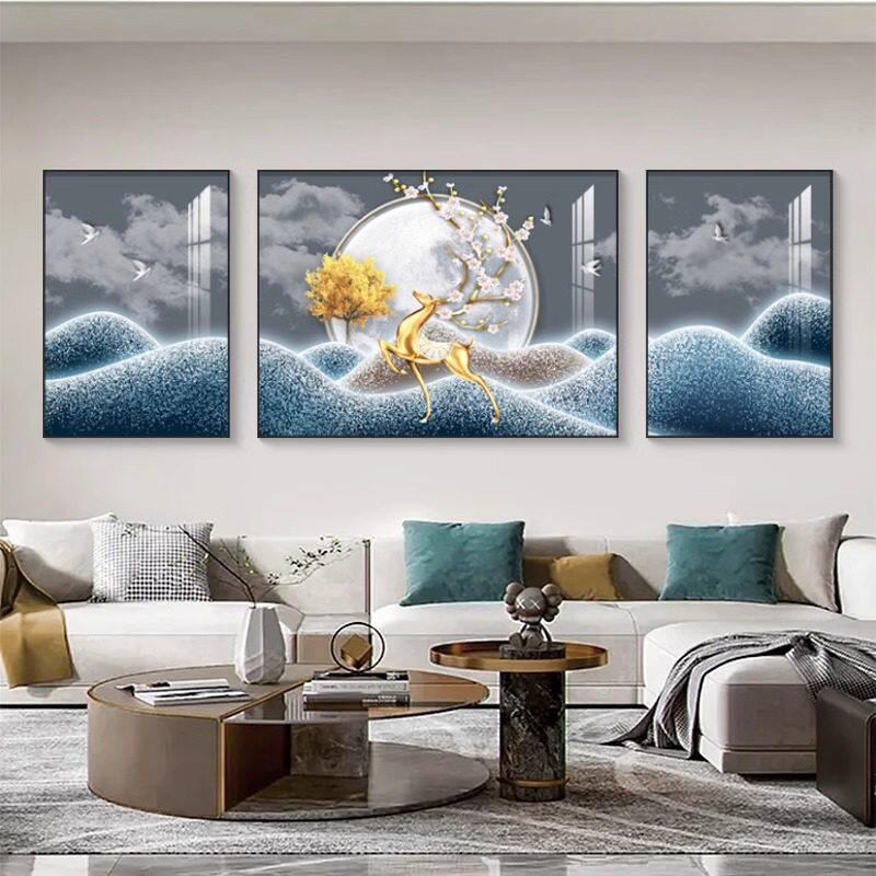 福鹿山水客厅装饰画轻奢高级感沙发背景墙蓝色抽象三联挂画墙壁画