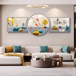 福禄客厅装饰画现代轻奢珠联璧合沙发背景墙挂画大气麋鹿三联壁画