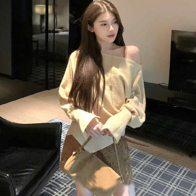2025秋季新款韩版时尚套装女气质长袖针织衫搭蕾丝吊带裙两件套