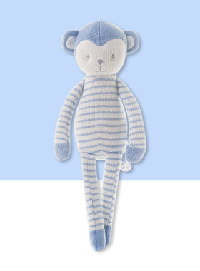 BobyBobo品牌蓝色条纹毛线猴子毛绒玩具婴幼儿陪伴玩偶安抚玩具
