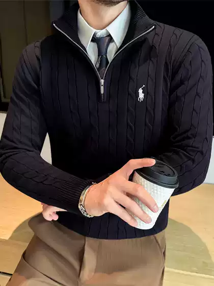 Men's Premium Embroidered Horse Motif Sweater Old Money Cable Knit Half-Zip Pullover