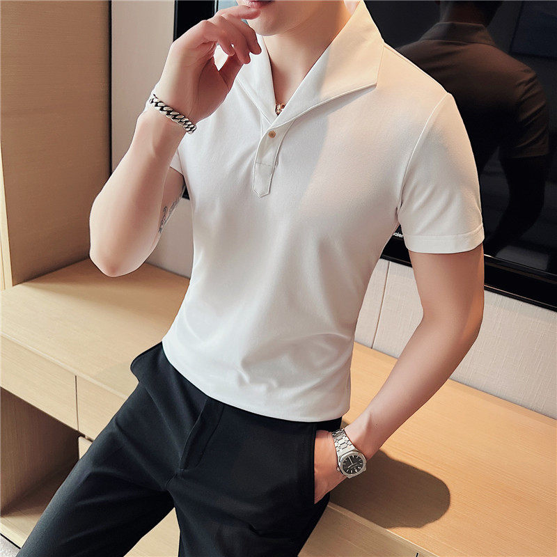 SUMMER CLASSIC ONE-COLLAR SOLID COLOR SHORT SLEEVE TIDE KOREAN CASUAL KNITTED POLO SHIRT MENS BUSINESS LAPEL SLIM T-SHIRT
