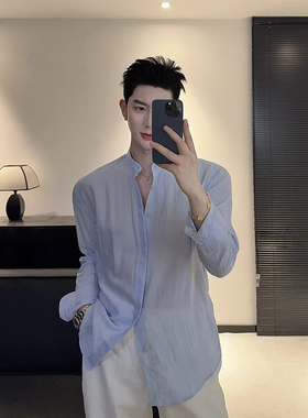 浅蓝色冰丝棉麻防晒衬衫男士夏季薄款轻奢高级感韩版修身长袖衬衣