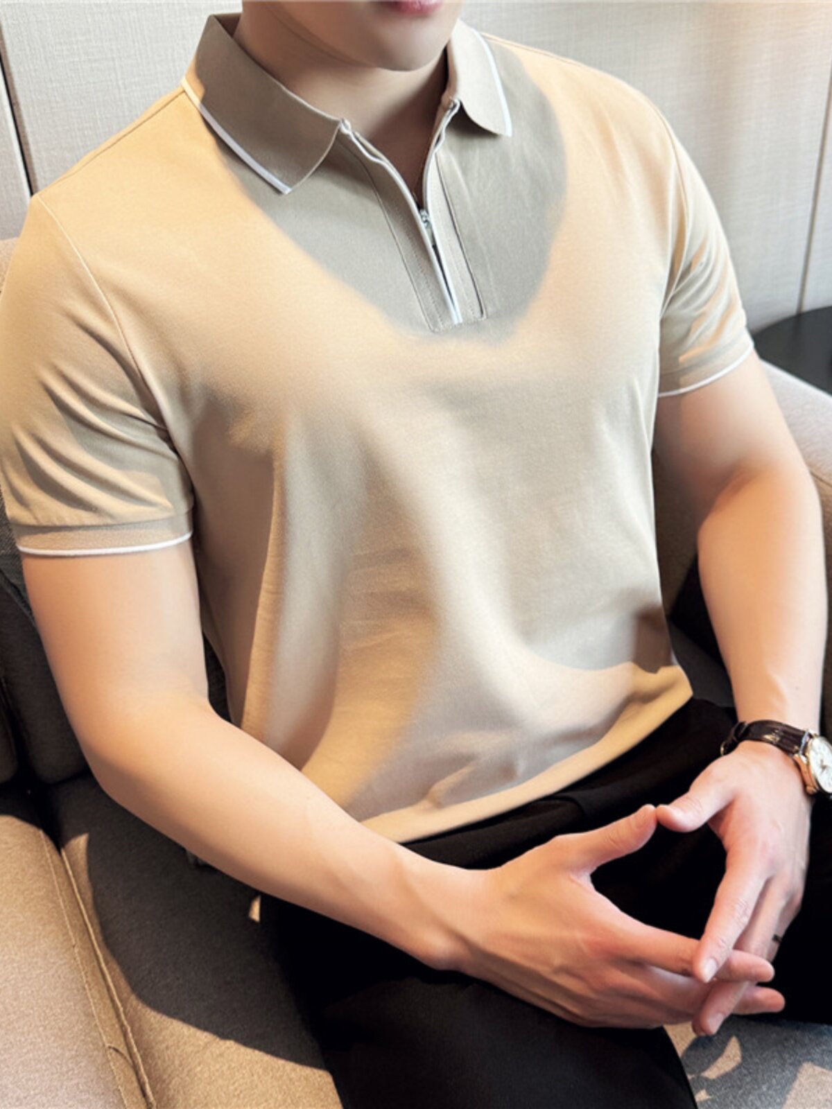 LIGHTWEIGHT BREATHABLE ICE SILK T-SHIRT MENS SUMMER THIN SLIM HALF-ZIP STRETCH SHORT-SLEEVED POLO SHIRT LAPEL PAUL SHIRT