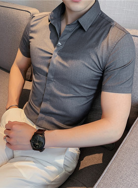 夏季男士暗扣短袖衬衫男修身高级感刺绣衬衣男薄款质感免烫寸衫男