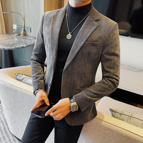 男士休闲西装外套秋冬季加厚款高级感时尚潮流修身帅气西服上衣潮