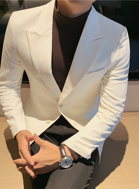 春夏季白色西装男韩版修身帅气西服男休闲潮流青年帅气男士外套潮