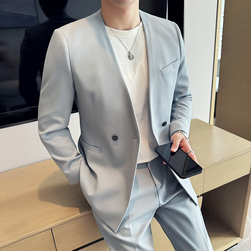 无领西服套装男士休闲西装两件套春季小众设计感V领纯色潮流帅气