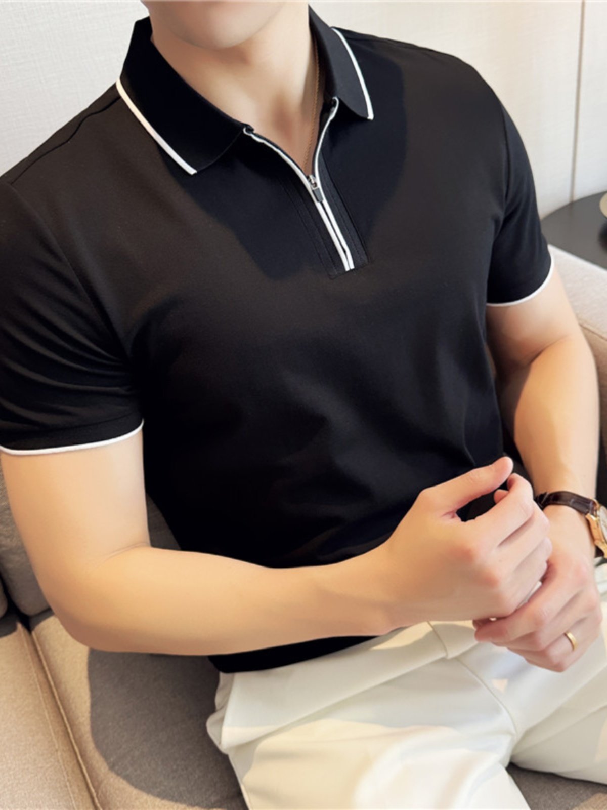 LIGHTWEIGHT BREATHABLE ICE SILK T-SHIRT MENS SUMMER THIN SLIM HALF-ZIP STRETCH SHORT-SLEEVED POLO SHIRT LAPEL PAUL SHIRT