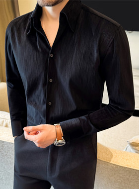 丝绒质感保暖冬衬衣男天鹅绒意式一片领衬衫厚款商务休闲黑色打底