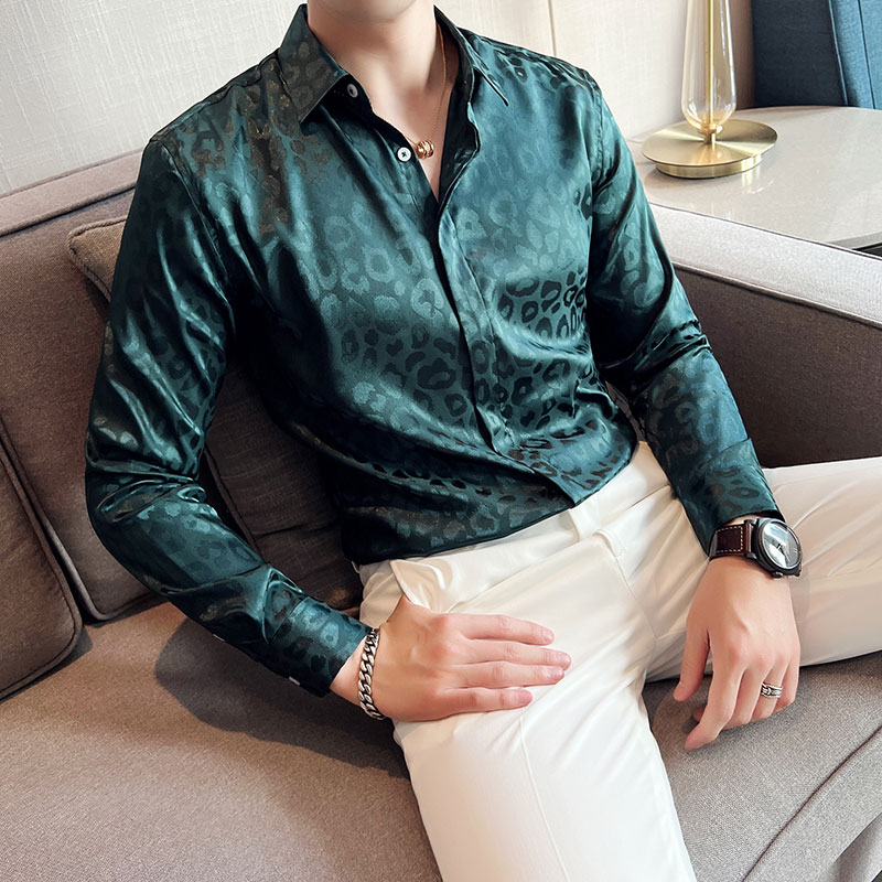 亮面豹纹时尚长袖衬衫男修身帅气