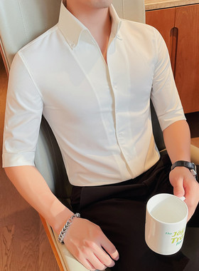2025新款立领中袖衬衫男士夏季休闲帅气纯色修身帅气五分袖衬衣