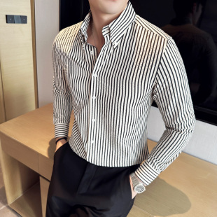 那不勒斯修身 秋季 衬衫 泡泡纱透气条纹长袖 英伦免烫痞帅衬衣男 新款